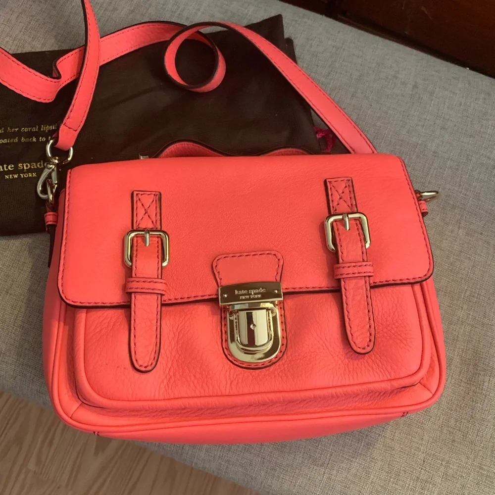 Kate Spade Lola Avenue Bright Vibrant Coral Pink Satchel Crossbody Gold Hardware